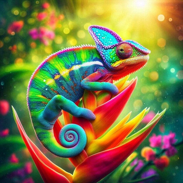 Photo a colorful lizard with a colorful tail sits on a flowery background