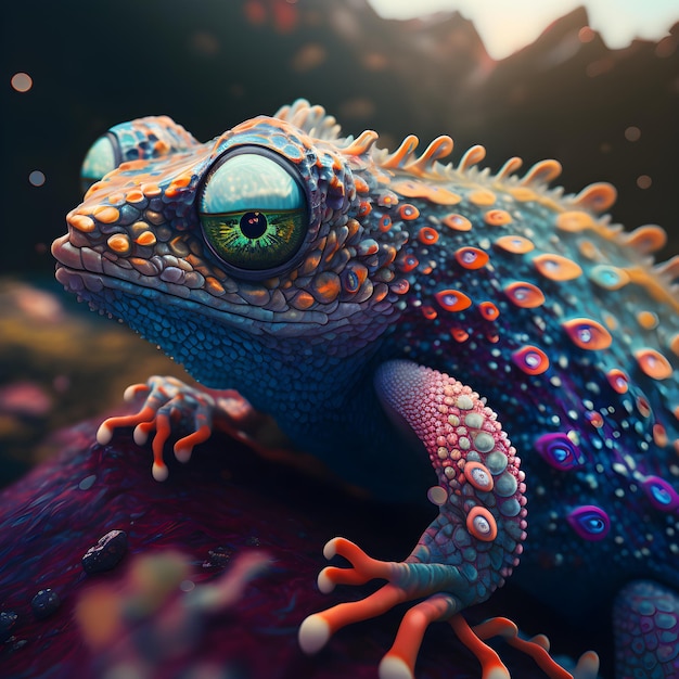 A colorful lizard with a green eye and a blue and red body.