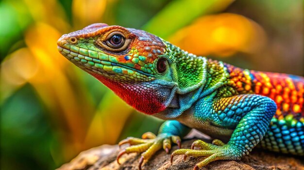 a colorful lizard with a red and blue face and a red spot on its face