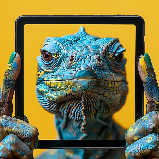 A colorful lizard39s face framed by a tablet showcasing digital art