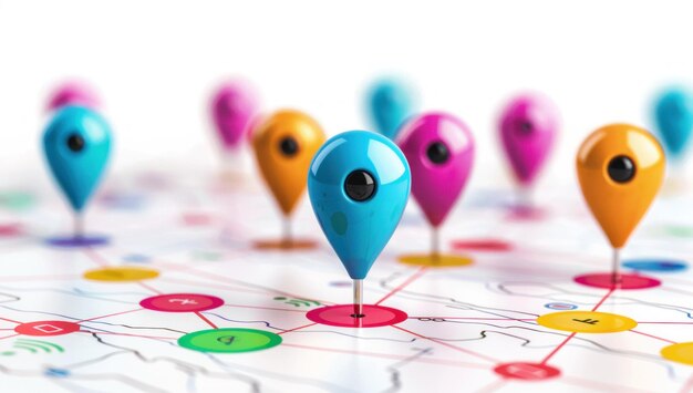 Photo colorful location pins on a map