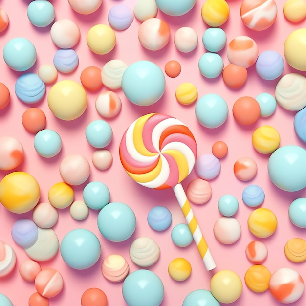 Colorful lollipop and candies on a pastel pink background