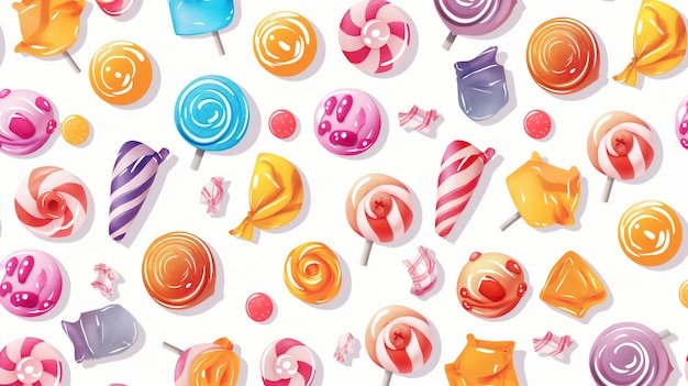 Photo colorful lollipops and candy in various shapes and sizes creating a vibrant pattern on a white backg