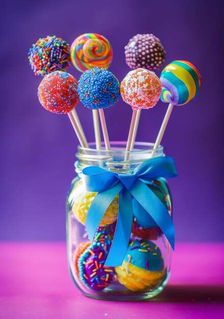 Colorful lollipops in jar on purple background