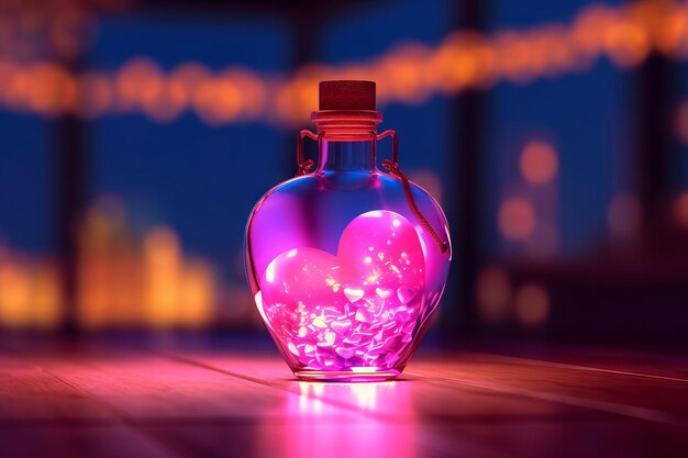 Colorful Love Potion Bottle on Wooden Table Neon Lights and Hearts Generative AI