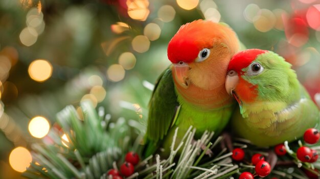 Photo colorful lovebirds on a festive holiday background concept of exotic birds christmas festive decoration bird couple cute parrots copy space