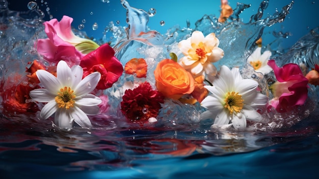 Colorful lovely flowers on water with splashing drop