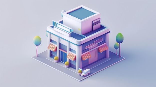 Photo a colorful lowpoly 3d illustration of a shop building with a flat roof and awnings