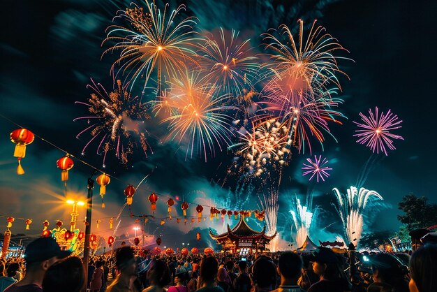 Colorful Lunar New Year Festival Fireworks Illuminate Festive Night Sky