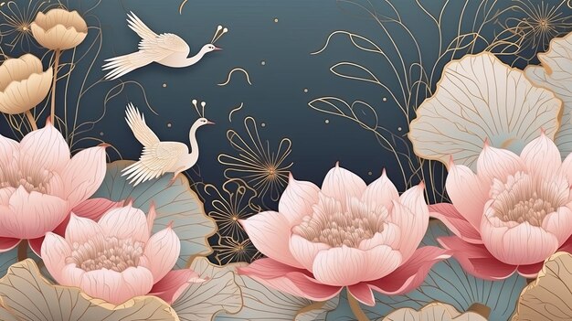 Colorful and luxury landscape with oriental flowers and birds Pink tones Generative AI