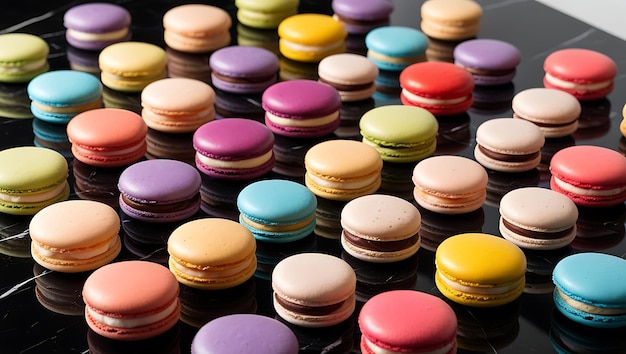 Photo colorful macarons arranged on a black tray