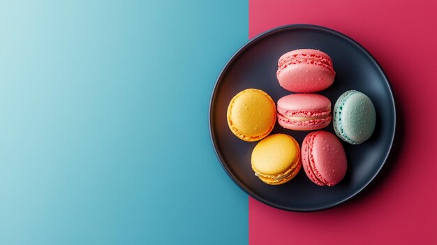 Colorful Macarons on Blue and Pink Background