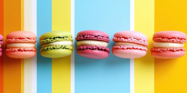 Colorful macarons displayed against a vibrant striped background perfect for dessert display and advertisement AI generated illustration