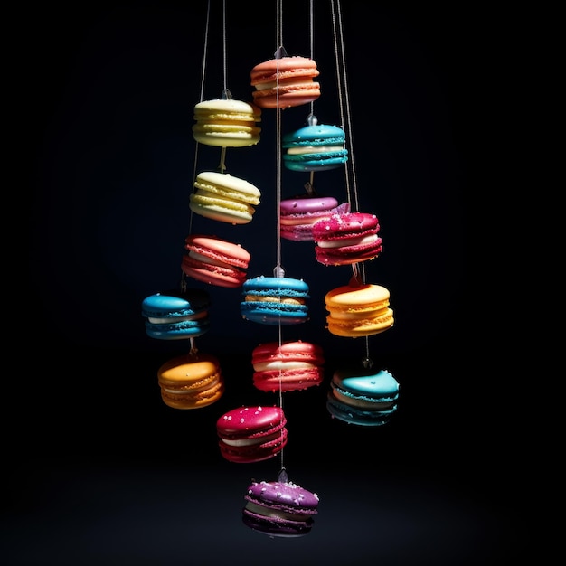 Photo colorful macarons hanging on strings against dark background