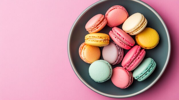 Colorful Macarons on Pink Background Overhead View