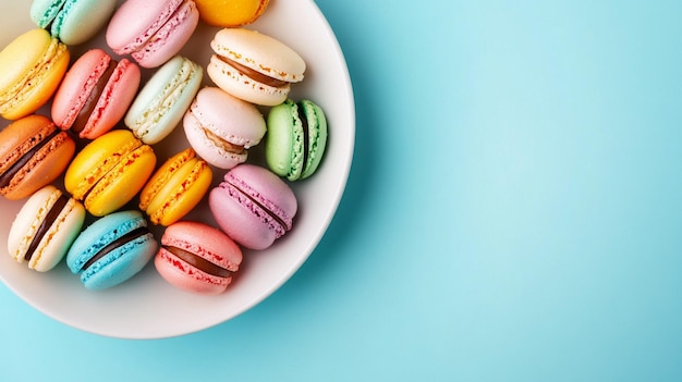 Colorful Macarons Plate on Blue Background