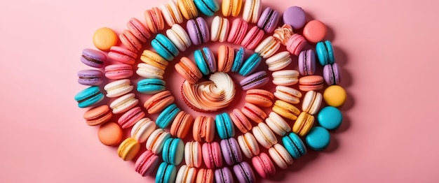 Photo colorful macarons in a spiral on a pastel pink surface perfect for celebrations