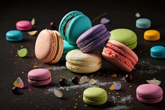 Colorful macarons Stack of French cookie macaroons on dark background