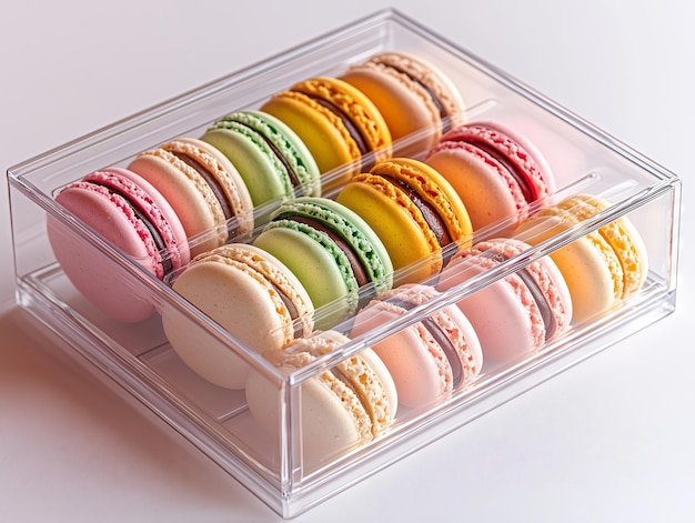 Photo colorful macarons in transparent plastic box elegant presentation stock photo