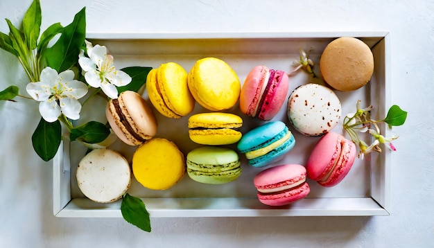 colorful macarons on white background