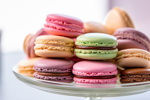 Colorful Macarons on a White Platter Mid angle Shot Generative AI