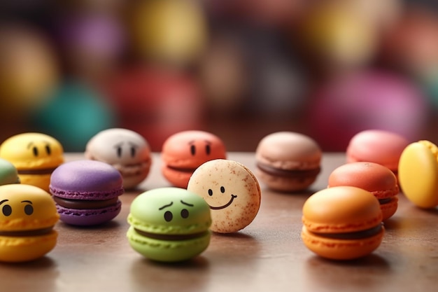 Colorful macarons with happy neutral and sad faces Customer rating and evaluation concept