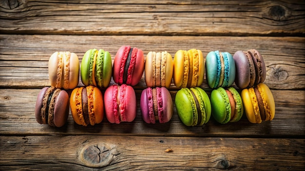 Colorful macaroons arranged on a rustic wooden table macaroons colorful dessert sweet French bakery pastel