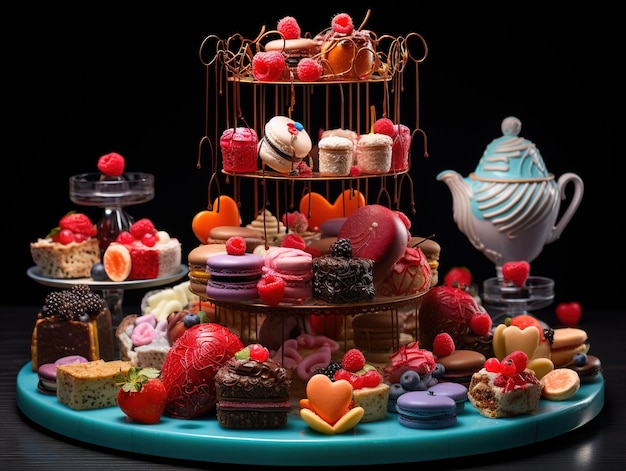 Colorful macaroons and cakes on a blue plate on a black background