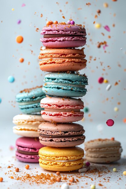 Colorful macaroons with falling confetti on white background