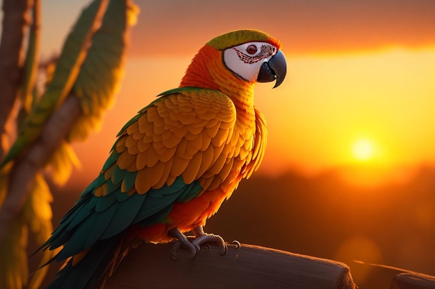 Colorful macaw parrot bird sitting on branch with sunset background