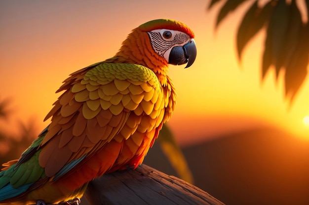 Colorful macaw parrot bird sitting on branch with sunset background