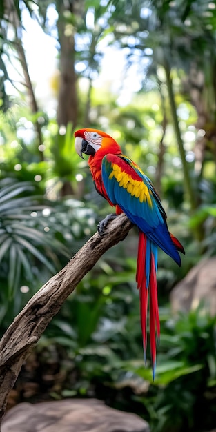 Colorful macaw parrot perched on a branch