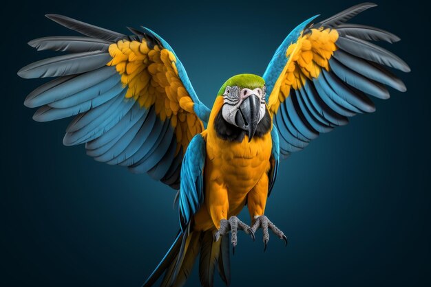 Colorful macaw parrot sitting on a branch with palm leaves