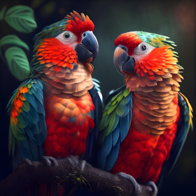 Colorful macaw parrots sitting on a branch in the forest