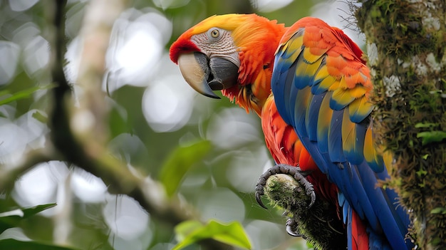 A colorful macaw perched on a branch in a rainforest