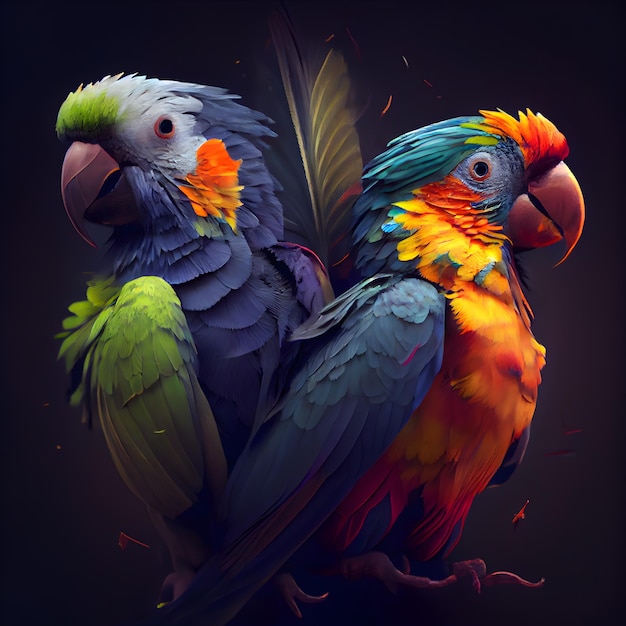 Colorful macaws on a black background 3d illustration