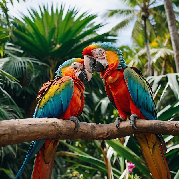 colorful macaws engaged in vibrant midday chatter amid