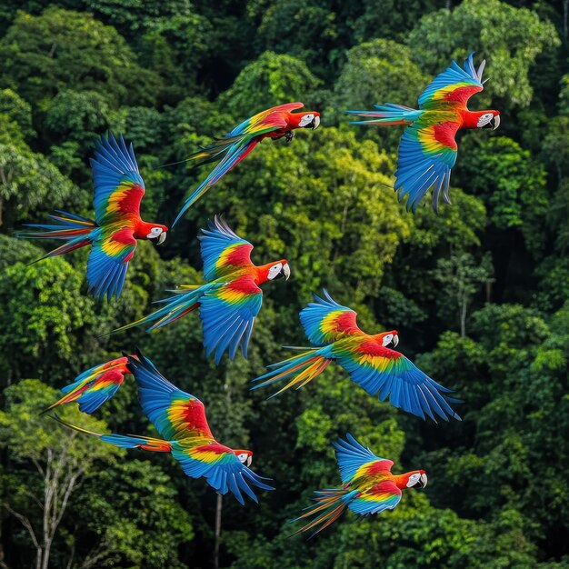 Photo colorful macaws flying over lush rainforest canopy