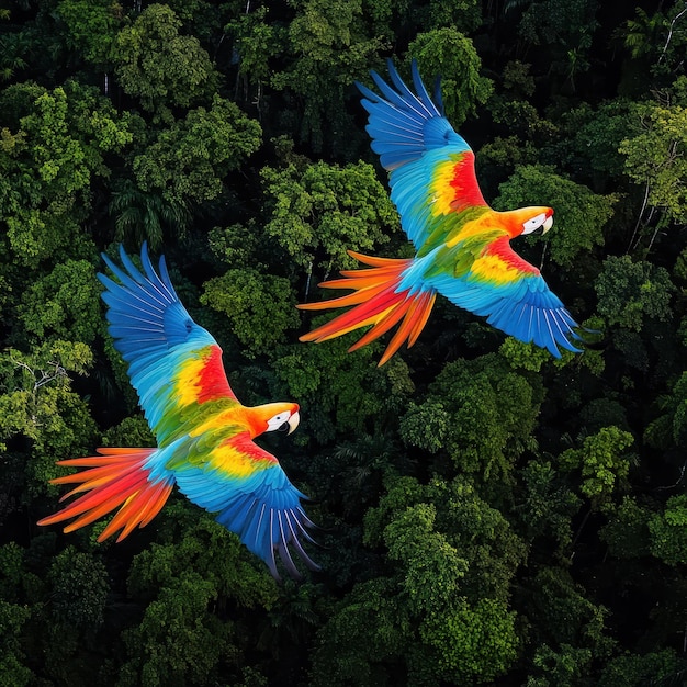 Photo colorful macaws flying over lush rainforest canopy