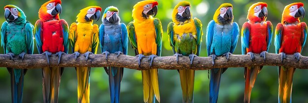 Colorful macaws perched on tree branches