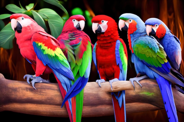 Colorful macaws sitting on a branch in a zoo Generative AI