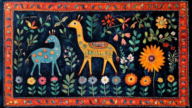 Photo colorful madhubani art featuring nature and wildlife in festive hues background