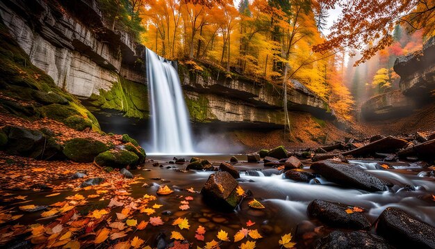 Photo colorful majestic waterfall in national park forest during autumn