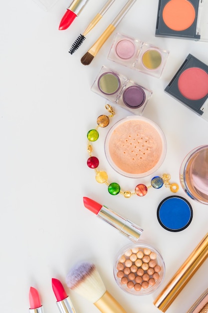 Colorful make up flat lay scene