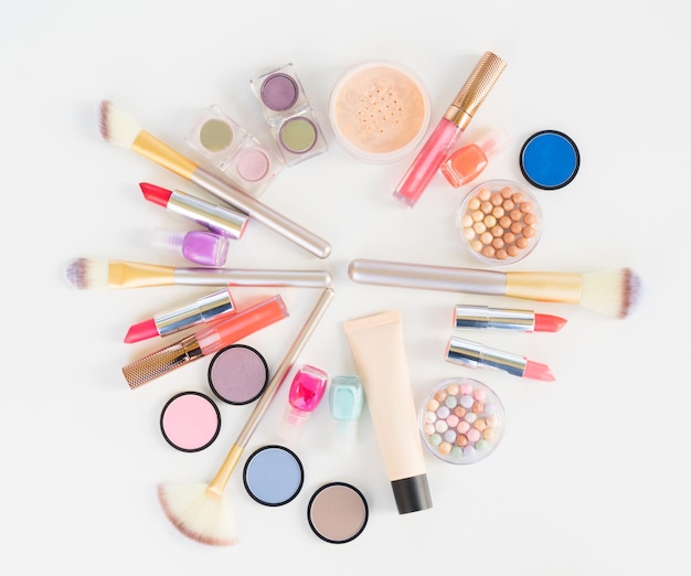 Colorful make up flat lay scene