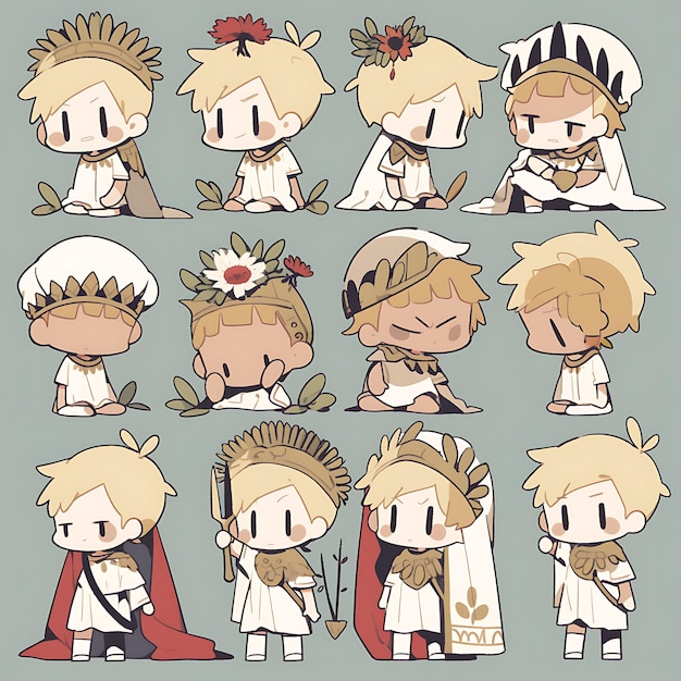 Photo colorful male chibi kawaii roman toga ivory whites laurel leaf crown cute character collection