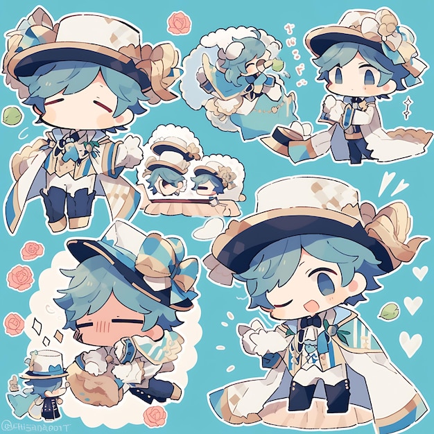 Photo colorful male french musketeer chibi kawaii musketeer fashion blue an cute character collection