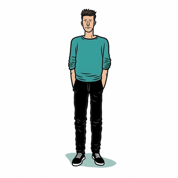 Colorful Male Standing Upright In Teal And Black Cartoonish Illustration