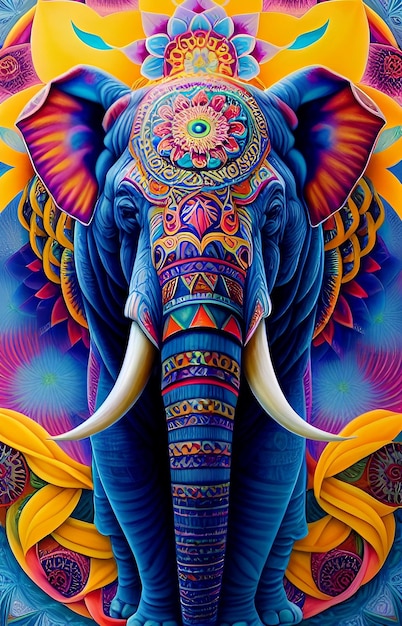 A colorful mandala art of elephant with a pattern