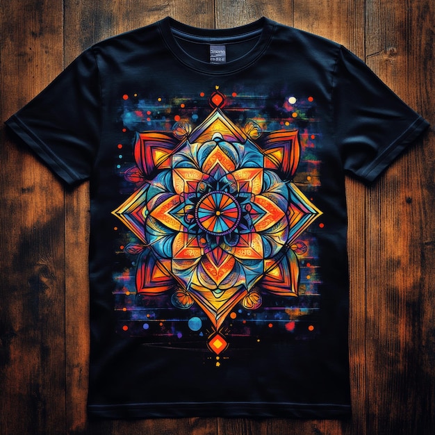 Photo colorful mandala design printed on black t shirt